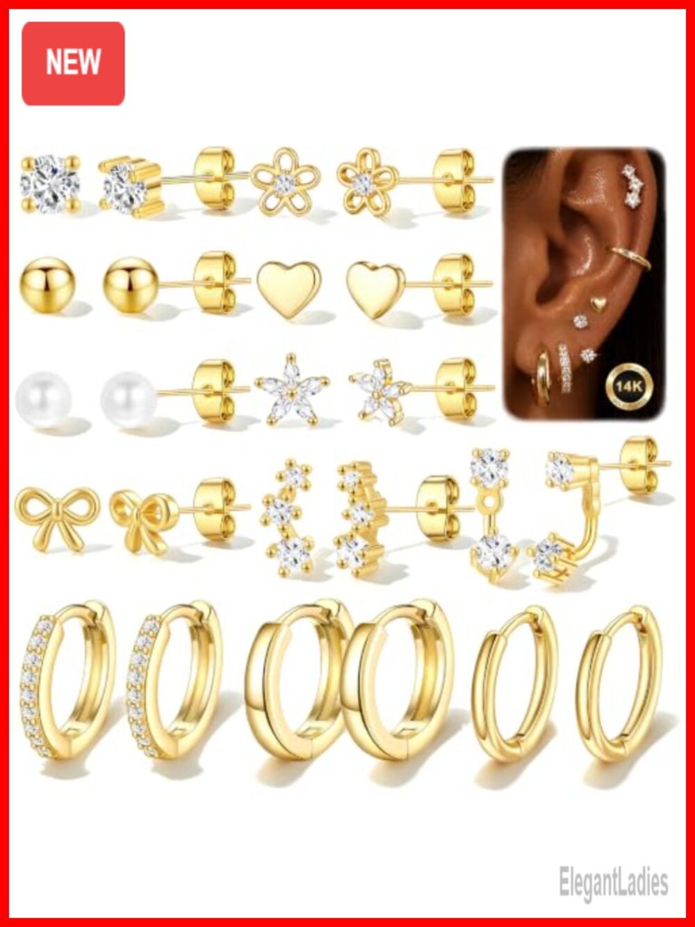 12 Pairs 14K Gold Plated Stud Earrings Set Hypoallergenic Nickel Free